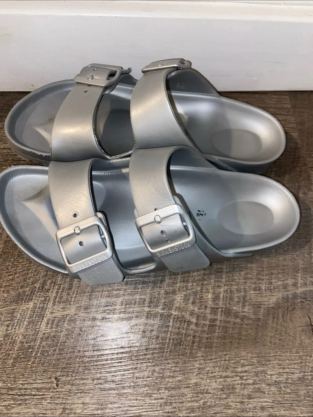 Birkenstock Silver Double-Buckle Slide Sandals